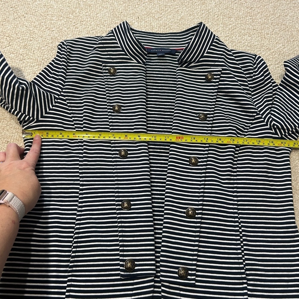 Tommy Hilfiger Striped Puff Sleeve Open Blazer Jacket Navy Large Gold Button - Picture 15 of 16